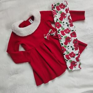 Super Cute Long Sleeve Holiday Shirt Dress & Floral Pant Set | 2T